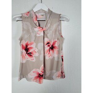 Calvin Klein Womens Sleeveless Floral Knot Front Blouse Top PM Stretch Tan Pink